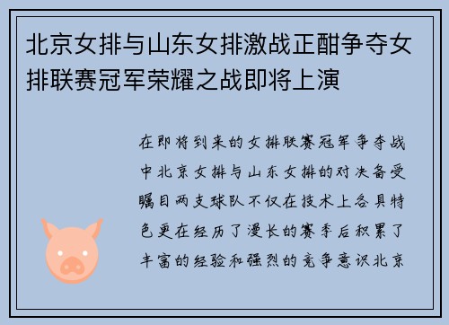 北京女排与山东女排激战正酣争夺女排联赛冠军荣耀之战即将上演