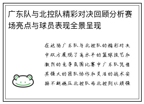广东队与北控队精彩对决回顾分析赛场亮点与球员表现全景呈现